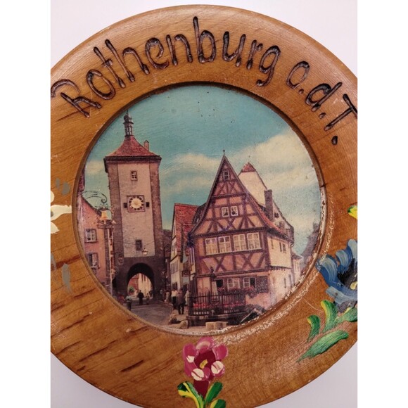 Rothenburg O D T Germany Plate Carved Painted Alpine Flowers Wood MCM - Picture 2 of 9